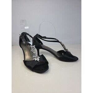 Fioni Night Black Satin Peep Toe Crystal Details Kitten Heel Sz 7 Hoco Formal